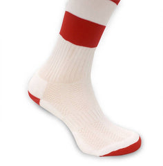 Calze da rugby RGR bianche con dettagli rossi a righe e tallone.