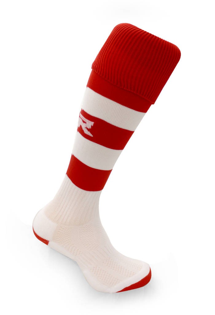 Calze da rugby RGR a righe bianche e rosse con logo, altezza al ginocchio.