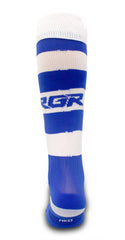 Calze da rugby RGR a righe bianche e blu, con logo visibile.