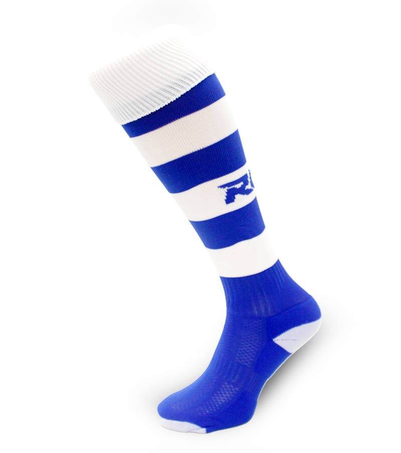 Calze da rugby RGR a righe bianche e blu, con logo R.
