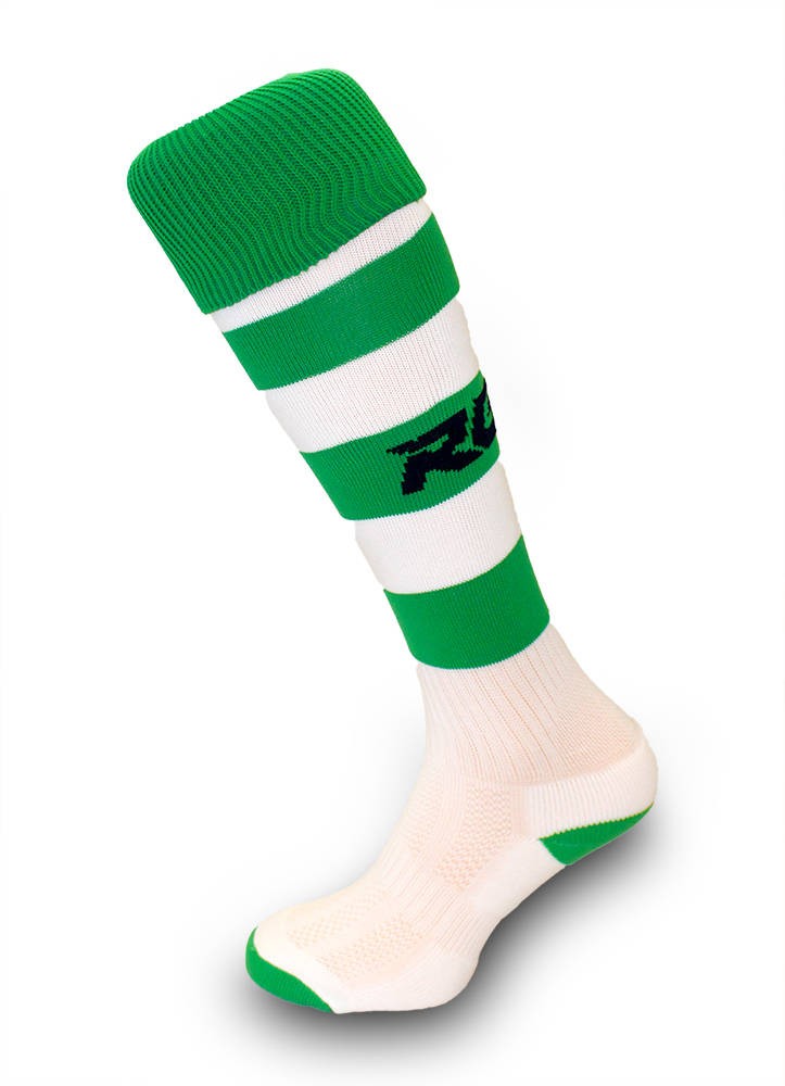 Calze da rugby RGR bianco e verdi a righe con logo.
