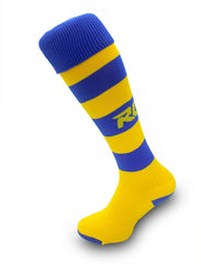 Calze da rugby RGR a righe giallo e blu, con logo visibile.