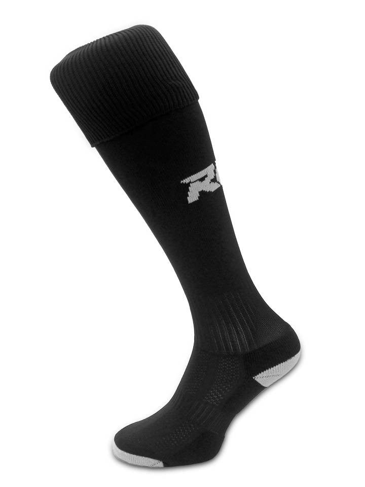 Calze da rugby RGR nere con logo bianco, alte fino al ginocchio.