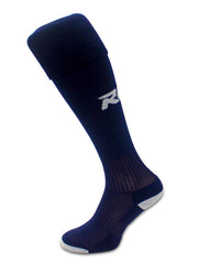Calze da rugby RGR blu con logo bianco, alte fino al ginocchio.