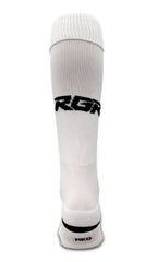 Calze da rugby RGR bianche con logo nero, lunghezza al ginocchio.