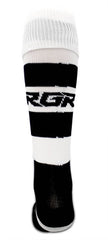Calze da rugby RGR a righe bianche e nere, con logo visibile.
