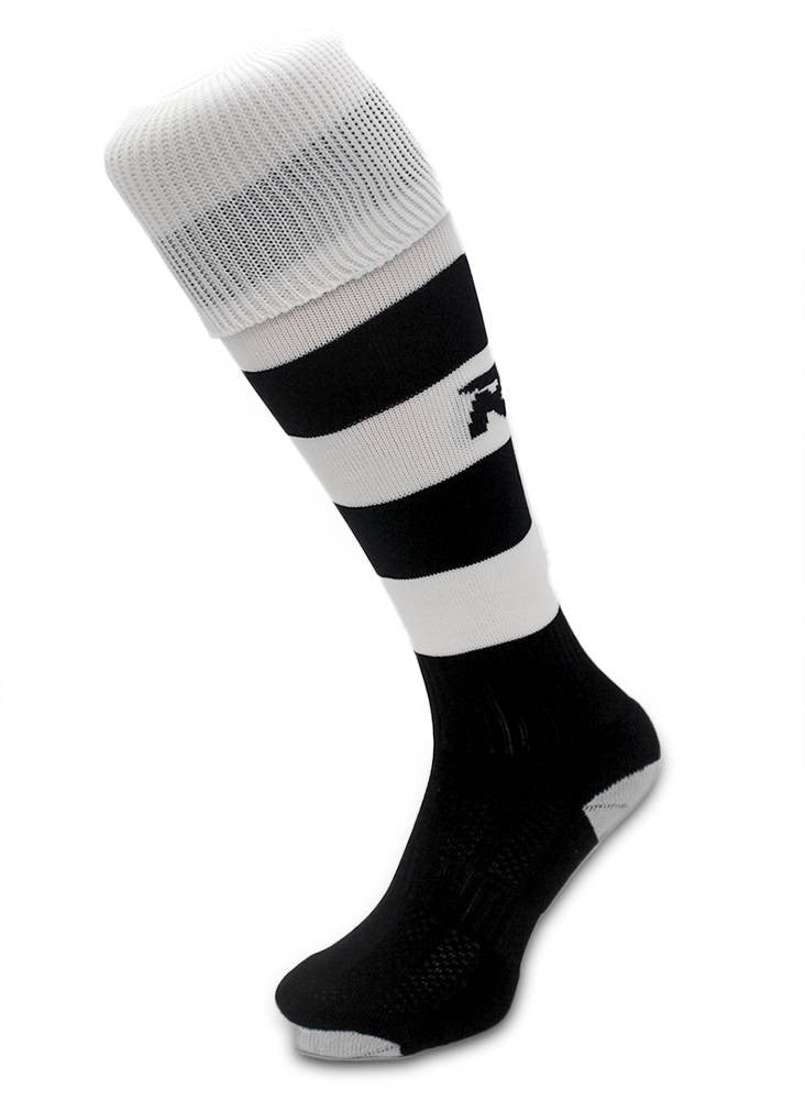 Calze da rugby RGR a righe bianche e nere, con logo RGR nero.