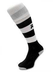 Calze da rugby RGR a righe bianche e nere, con logo RGR nero.