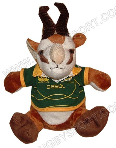 Mascotte ufficiale "Bokkie" Springboks, peluche del Sudafrica con maglia da rugby Sasol.