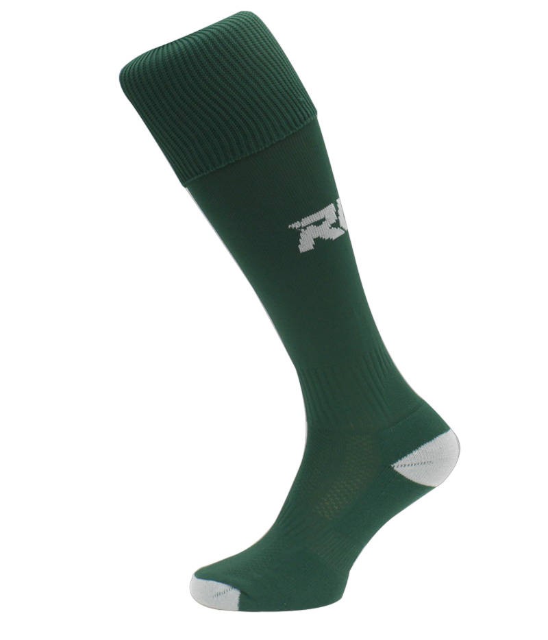 Calze da rugby RGR verde bottiglia con logo bianco e rinforzi grigi.