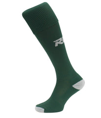 Calze da rugby RGR verde bottiglia con logo bianco e rinforzi grigi.