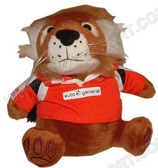 Mascotte ufficiale Lions Super 14, peluche leone con maglia arancione e logo Auto General.