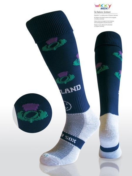 Calze lunghe Wacky Sox Scozia blu con motivo cardo, taglia unica.