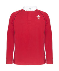 Maglia da rugby Galles WRU rossa a manica lunga con colletto bianco.