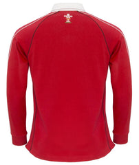 Maglia rugby Galles WRU a manica lunga, rossa, con colletto bianco e dettagli bianchi sulle maniche.