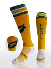 Calze Wacky Sox Australia gialle con stampa canguro e dettagli verdi.