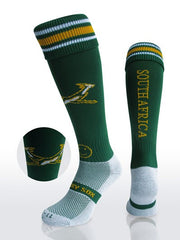 Calze da rugby Wacky Sox Sudafrica verdi con logo Springbok e dettagli a righe.