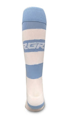Calze da rugby RGR a righe bianche e celesti, con logo RGR visibile.