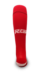 Calze da rugby RGR rosse con logo bianco, altezza al ginocchio.