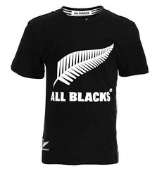 T-shirt nera bambino All Blacks con logo felce bianca sul petto.