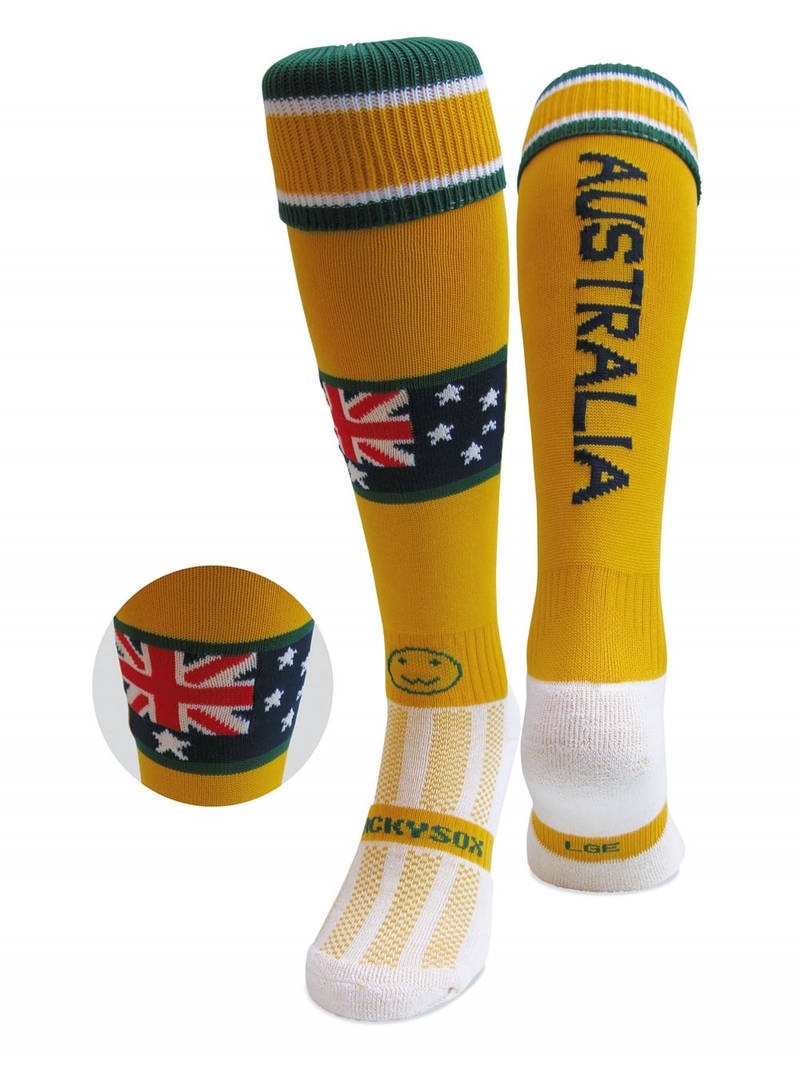 Calze Wacky Sox gialle con bandiera australiana e scritta AUSTRALIA.
