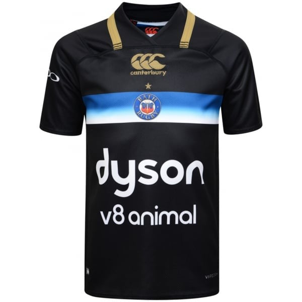 Maglia da rugby Bath Third Pro 2018-19 nera con logo Canterbury e sponsor Dyson.