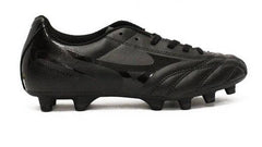 Scarpino da calcio Mizuno Monarcida JR nero, con tacchetti specifici per terreni compatti.