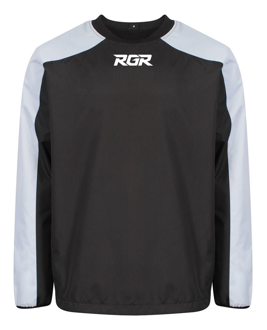 Top allenamento RGR Contrast nero e grigio con logo visibile.