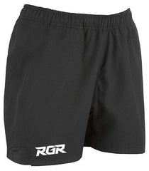 Pantaloncini da rugby RGR da gara neri con logo bianco.