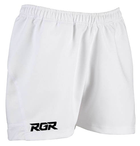 Pantaloncini da rugby RGR da gara bianchi con logo nero.