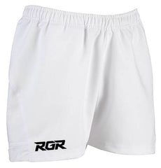 Pantaloncini da rugby RGR da gara bianchi con logo nero.