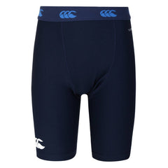 Scaldamuscolo Canterbury Thermoreg blu da rugby, logo bianco sul fondo gamba.