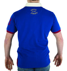 Retro maglia rugby Francia blu con colletto bianco, scollo a V e numero 3 rosso.