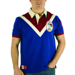 Polo vintage da rugby Francia blu con stemma gallo e dettagli bordeaux.