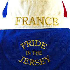 Polo da rugby vintage Francia con scollo bianco e scritta "Pride in the Jersey" in oro.