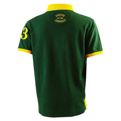 Maglia polo rugby vintage verde con colletto giallo e numero 3.