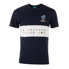 Maglietta blu Rugby RWC 2019 con logo e stampa squadre delle 20 Nazioni.