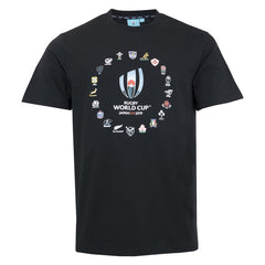 T-shirt nera Rugby World Cup 2019 con loghi delle nazioni partecipanti.
