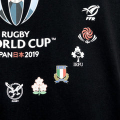 T-shirt nera RWC 2019 con loghi delle squadre di rugby.