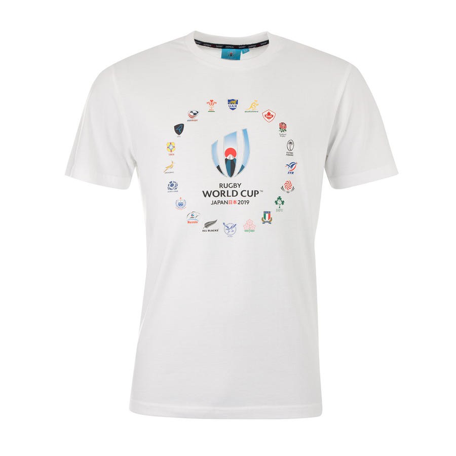Maglietta Rugby World Cup 2019 bianca con loghi delle squadre partecipanti.