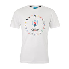 Maglietta Rugby World Cup 2019 bianca con loghi delle squadre partecipanti.