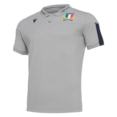 Polo da viaggio Italia Rugby Macron grigio con stemma federale.