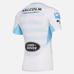 Maglia da rugby autentica da trasferta dei Glasgow Warriors: maglia da rugby bianca con dettagli azzurri, loghi degli sponsor e design sul retro.