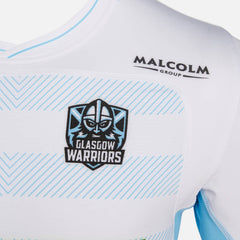 Maglia da rugby autentica da trasferta dei Glasgow Warriors: maglia bianca con dettagli azzurri e logo della squadra