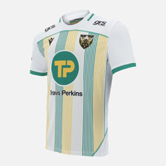 Maglia da rugby away Northampton Saints Macron a strisce verdi e gialle con logo.