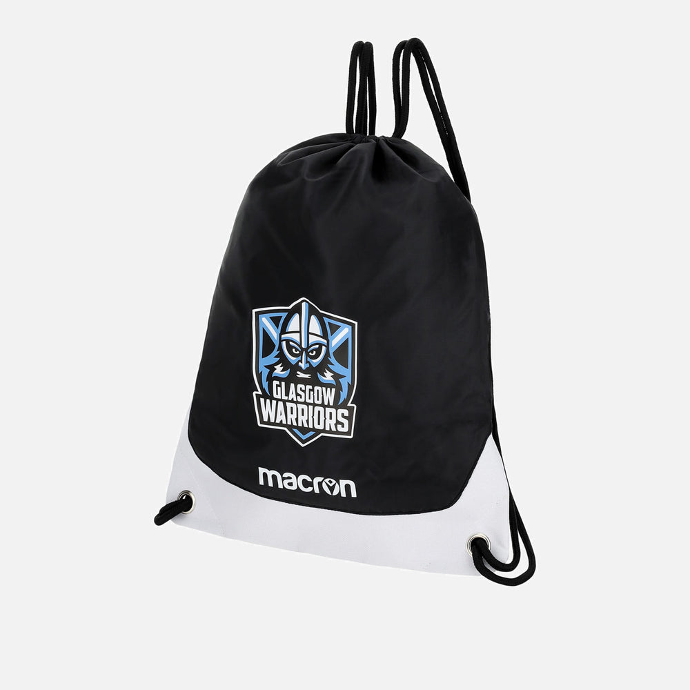Sacca da palestra Glasgow Warriors Macron nera e bianca, logo Warriors.