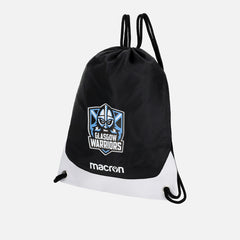 Sacca da palestra Glasgow Warriors Macron nera e bianca, logo Warriors.