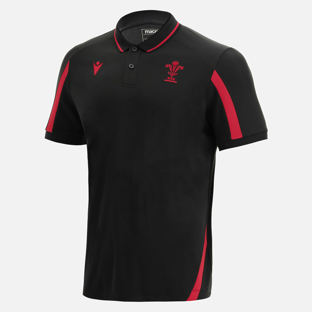 Polo da rugby Macron in nero con dettagli rossi, stemma Galles.