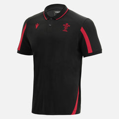 Polo da rugby Macron in nero con dettagli rossi, stemma Galles.