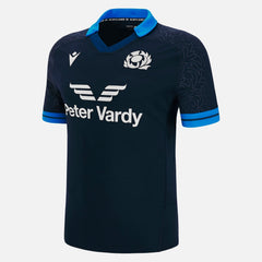 Replica della maglia casalinga della nazionale di rugby scozzese 2022-23: replica della maglia blu navy per bambini, con il cardo scozzese e il logo dello sponsor Peter Vardy.